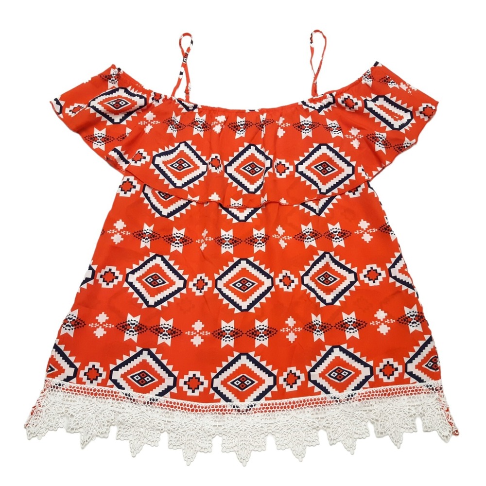 No Boundaries Top Womens XXL‎ Red Aztec Tunic Print Off Shoulder Ruffle
